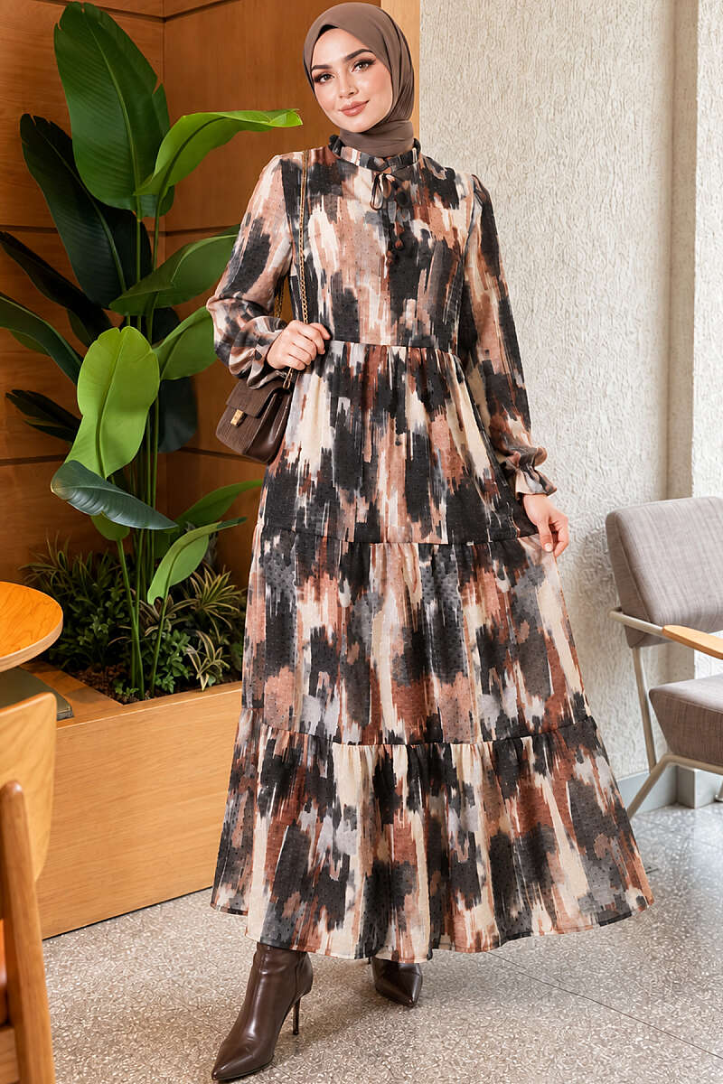Patterned Dress with Tie Neck - Mink