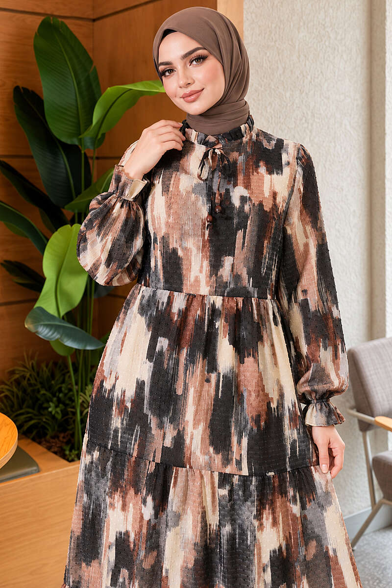Patterned Dress with Tie Neck - Mink