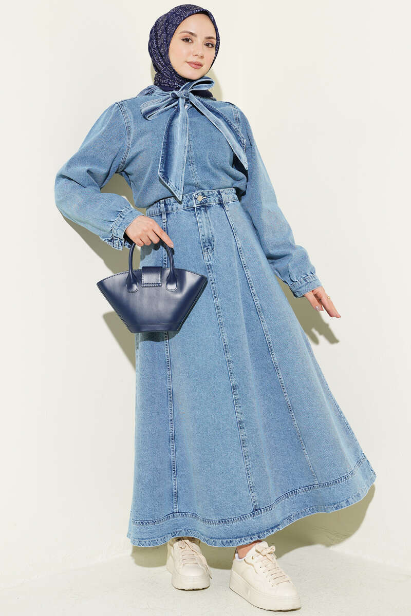 Denim Skirt Two-Piece Set with Tie Collar - Denim Blue