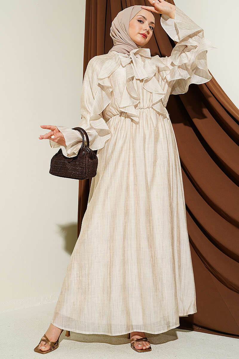 Ruffle Dress with Tie Collar - Beige
