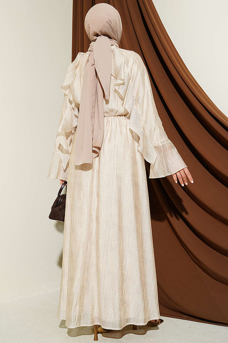 Ruffle Dress with Tie Collar - Beige