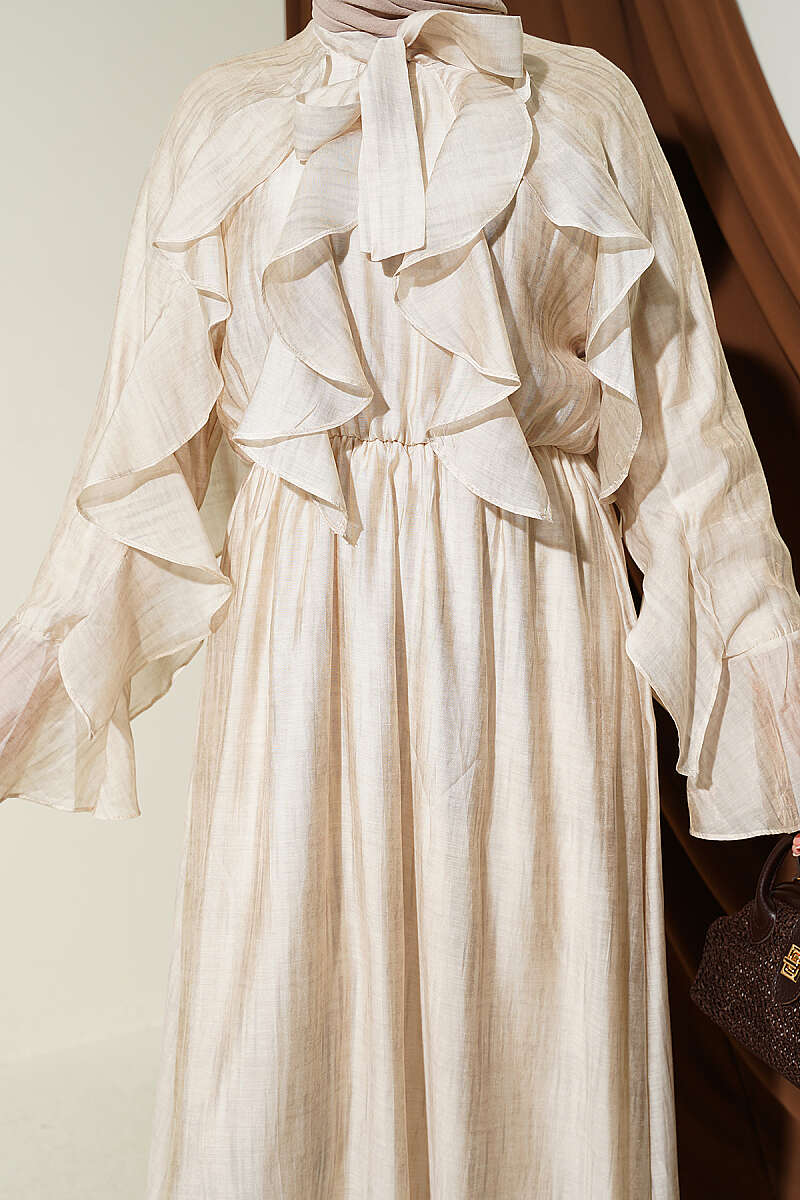 Ruffle Dress with Tie Collar - Beige