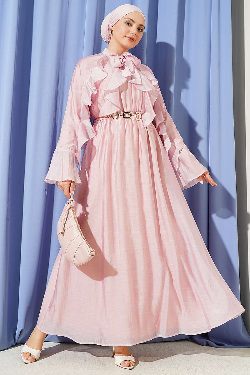 Ruffle Dress with Tie Collar - Pink