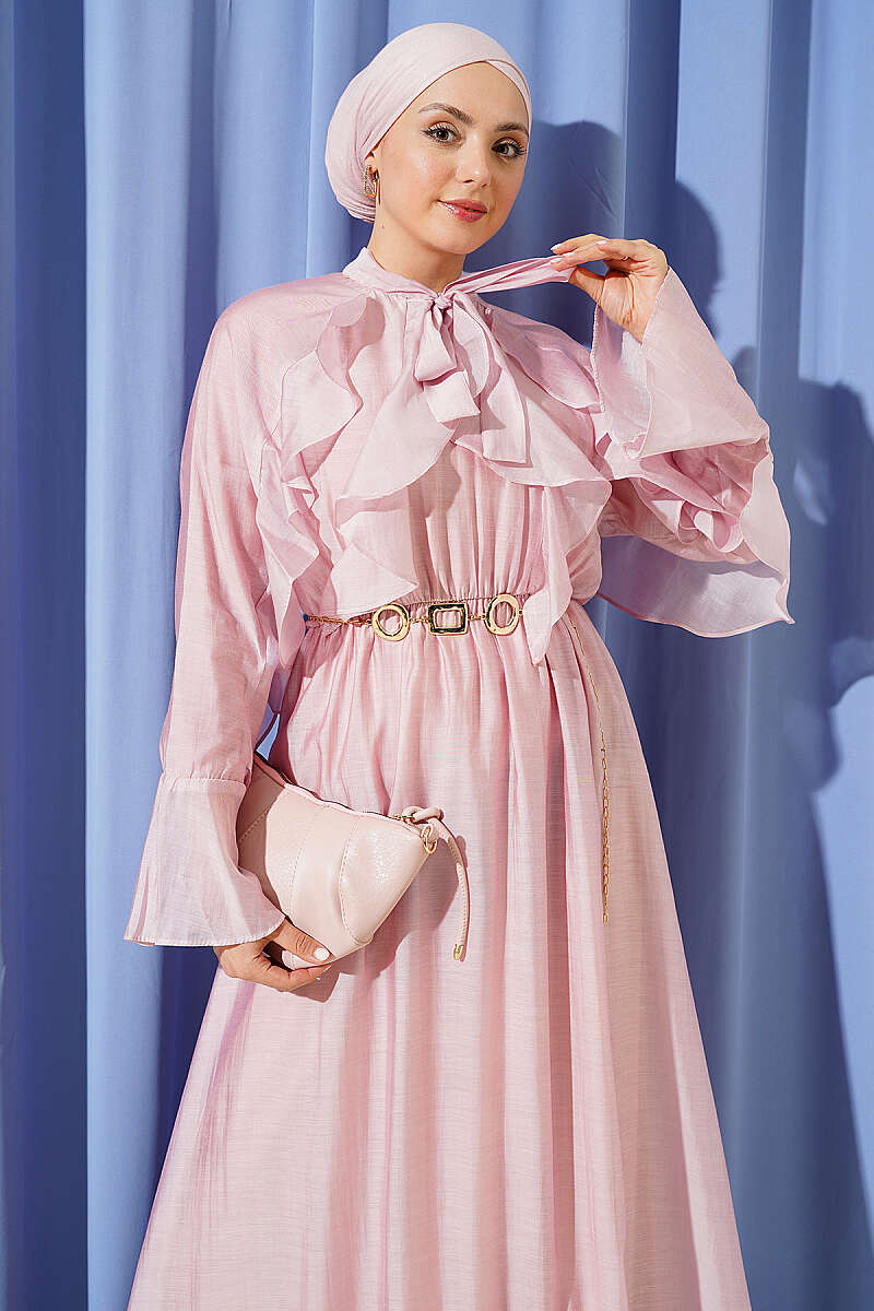 Ruffle Dress with Tie Collar - Pink