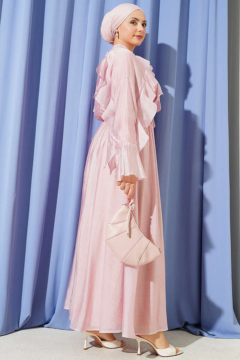 Ruffle Dress with Tie Collar - Pink