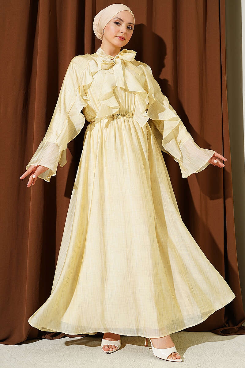 Ruffle Dress with Tie Collar - Yellow