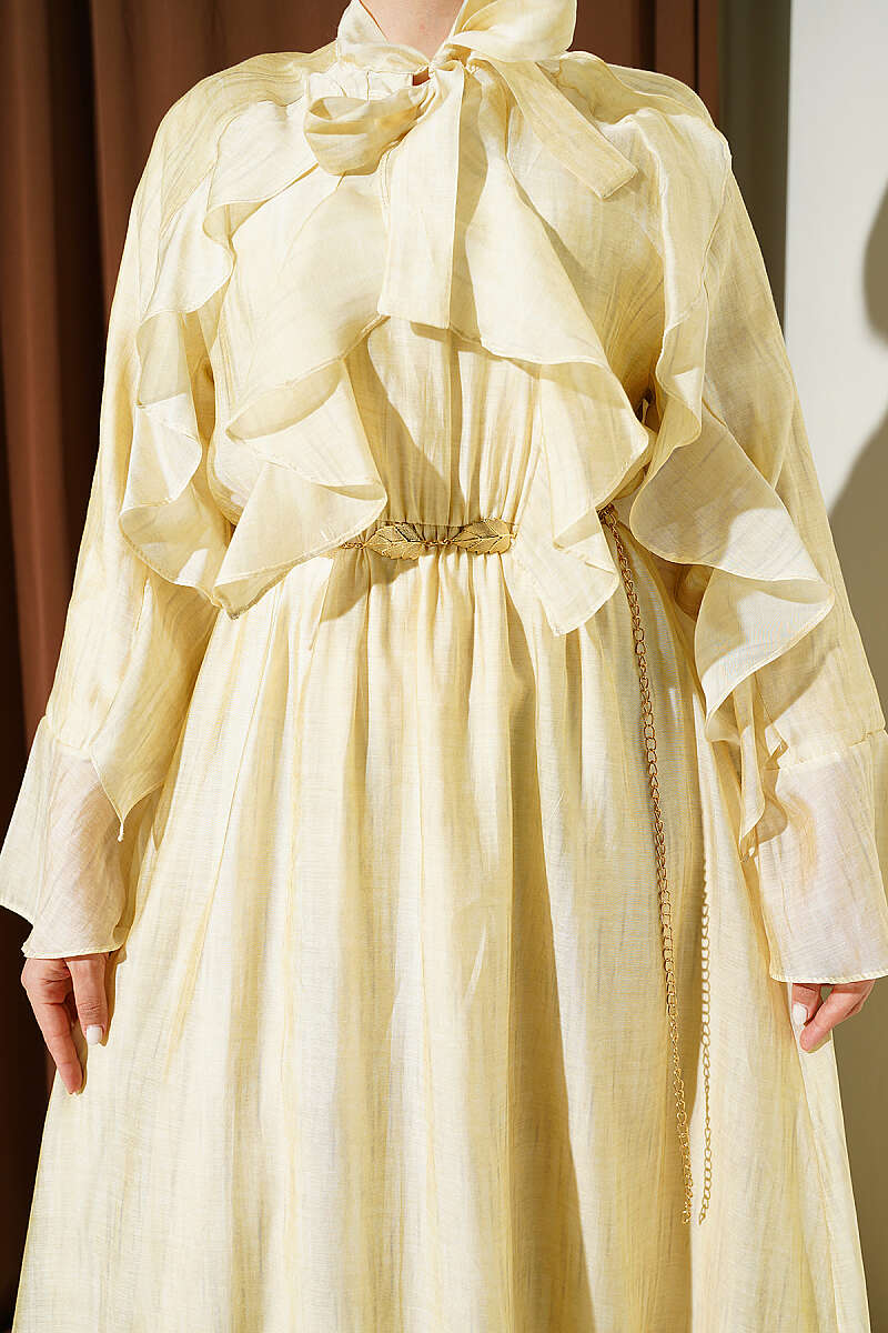 Ruffle Dress with Tie Collar - Yellow