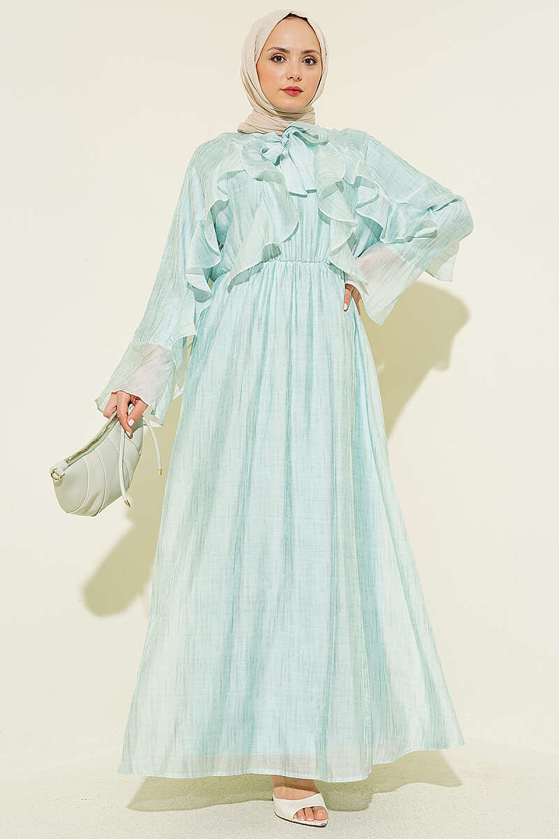 Ruffle Dress with Tie Collar - Turquoise