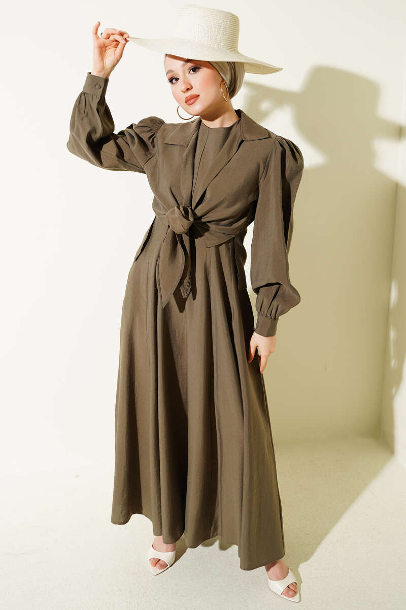 Tie-Collar Pinafore Dress - Khaki