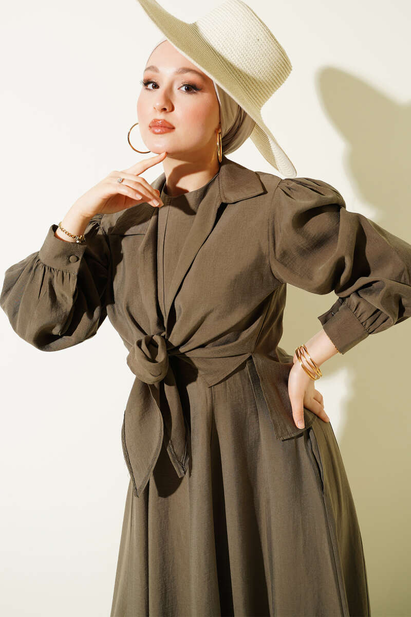 Tie-Collar Pinafore Dress - Khaki