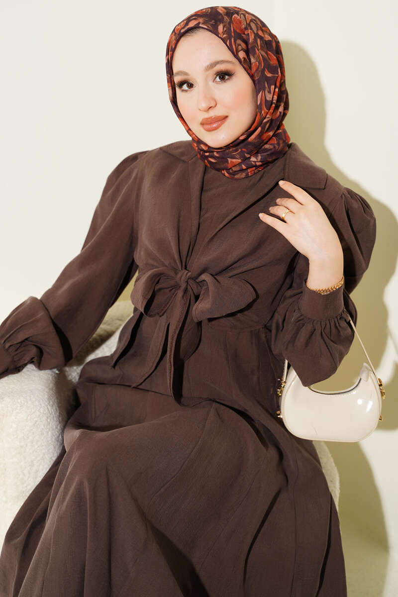 Tie-Collar Pinafore Dress - Brown