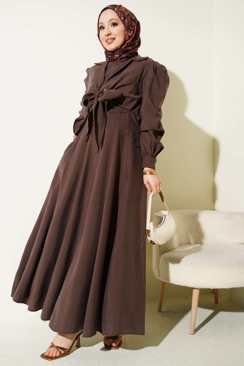 Tie-Collar Pinafore Dress - Brown
