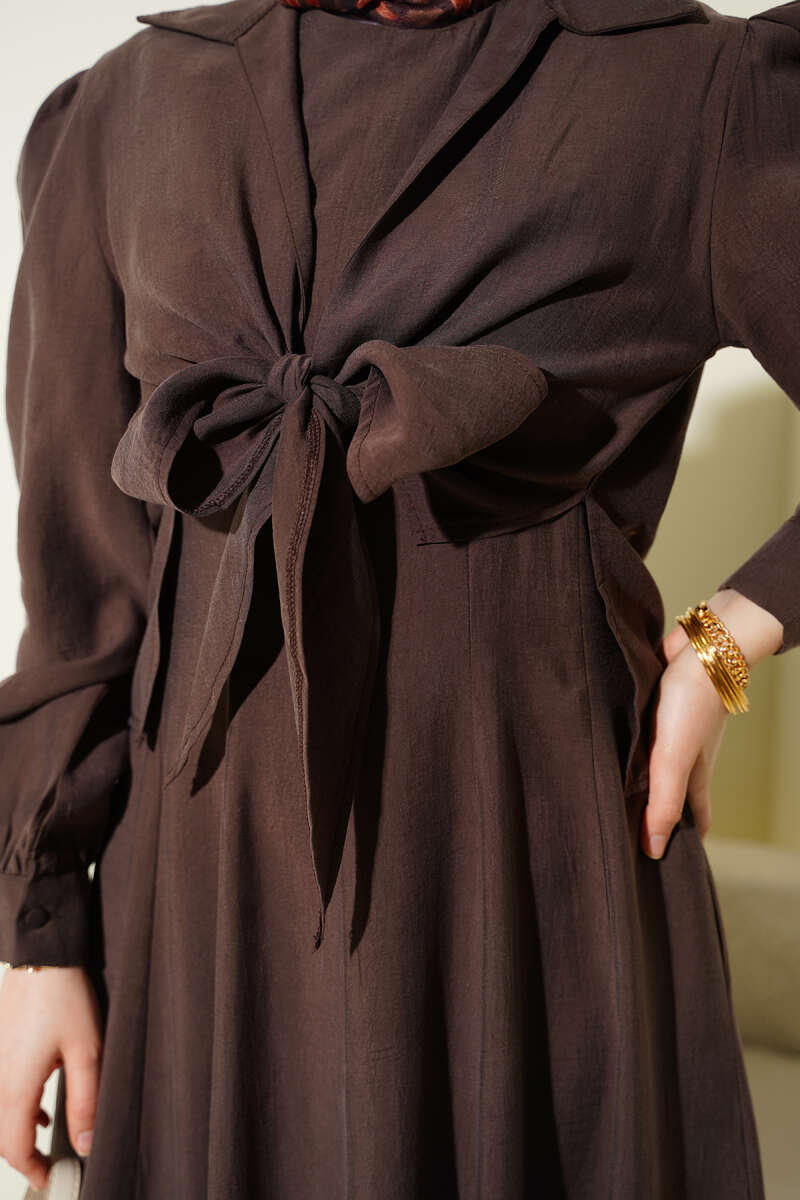 Tie-Collar Pinafore Dress - Brown