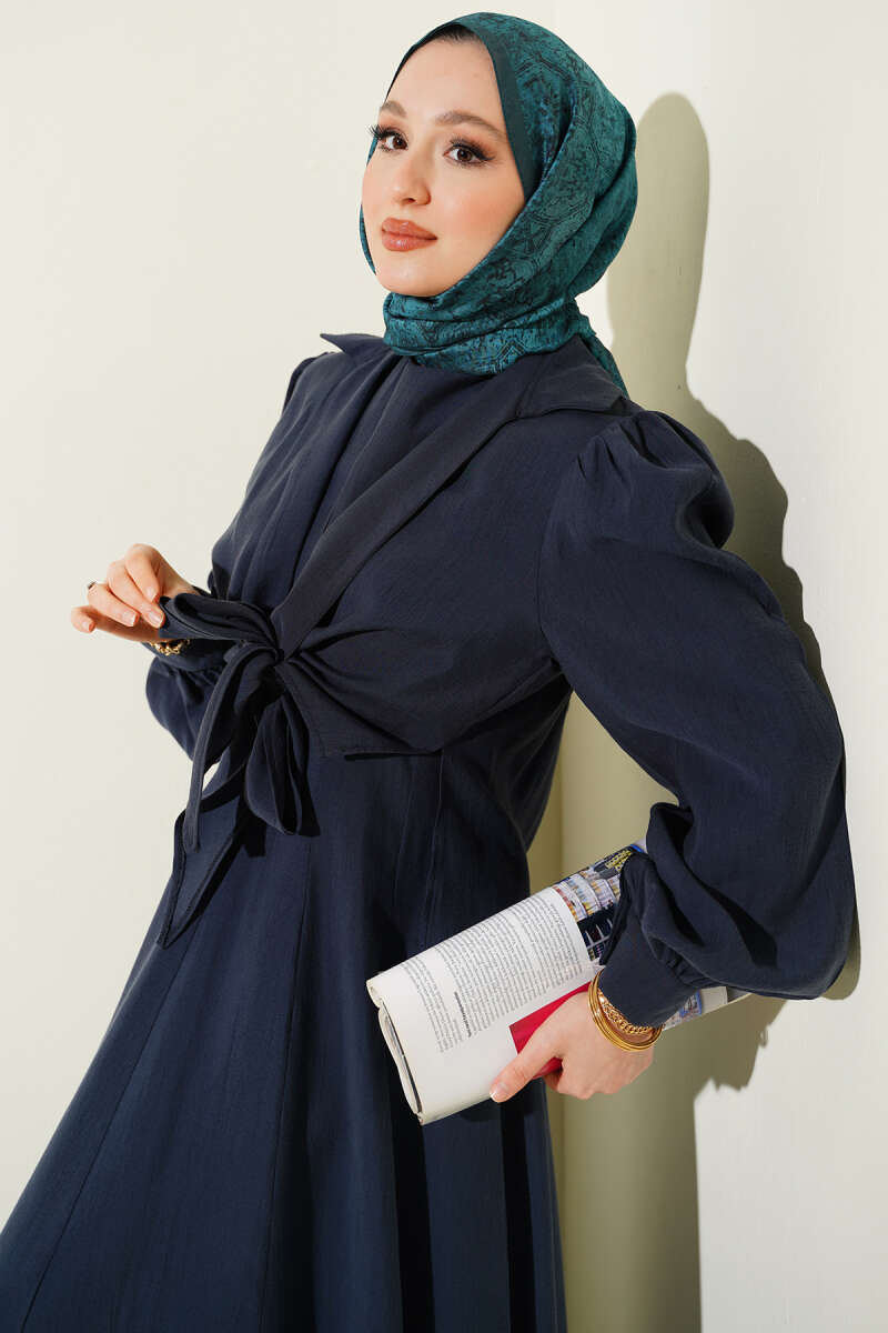 Tie-Collar Pinafore Dress - Navy