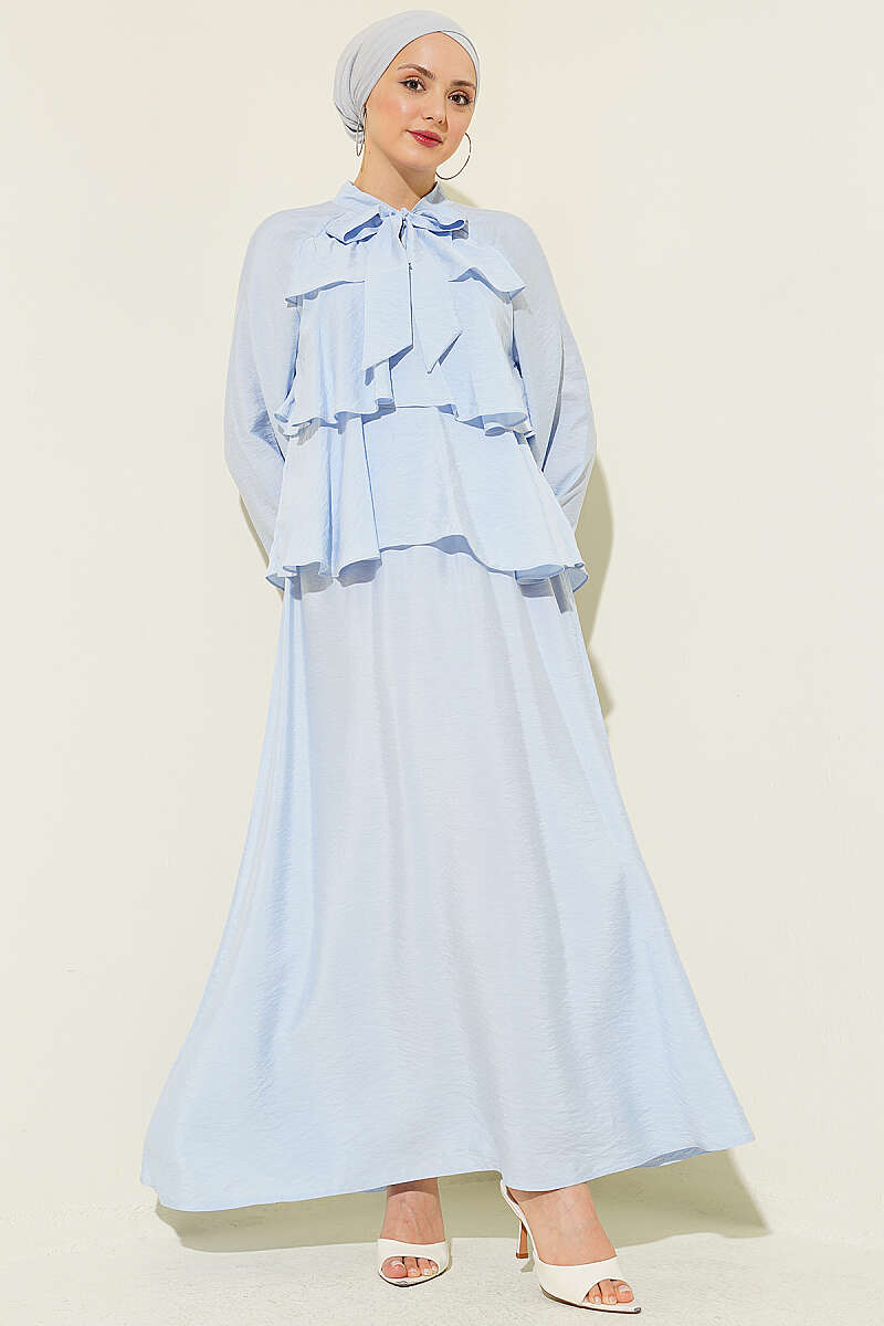 Tiered Skirt Set with Tie Collar - Blue
