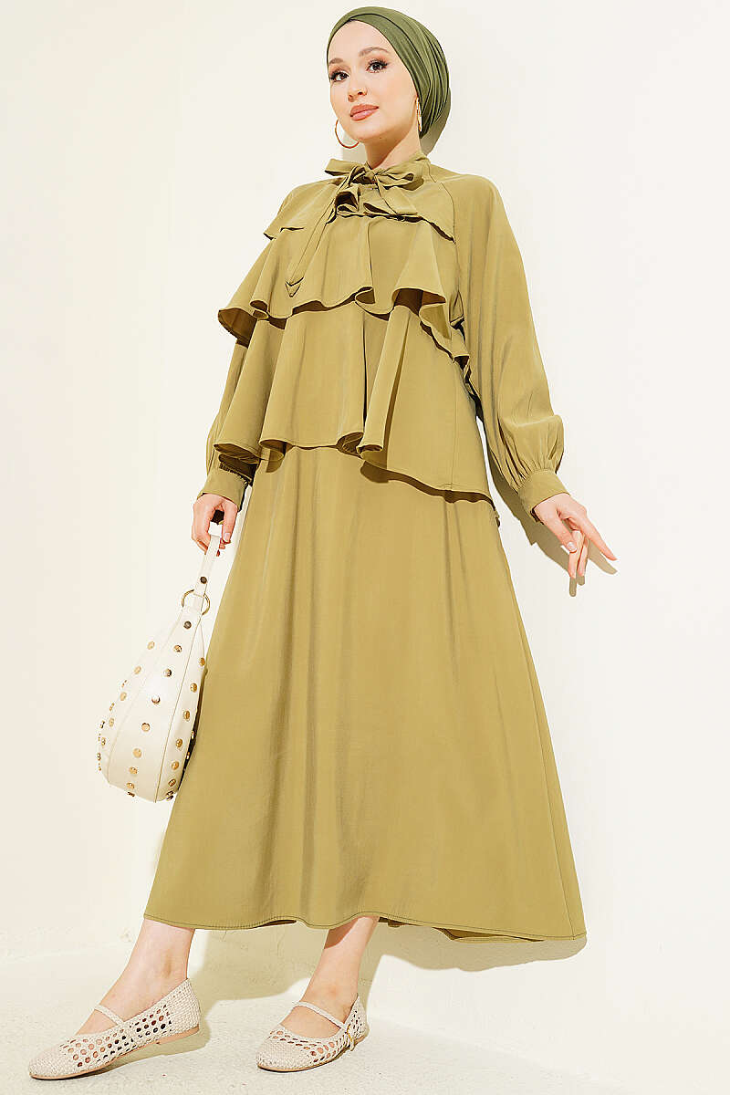Tiered Modal Skirt Set with Tie Collar - Almond Green