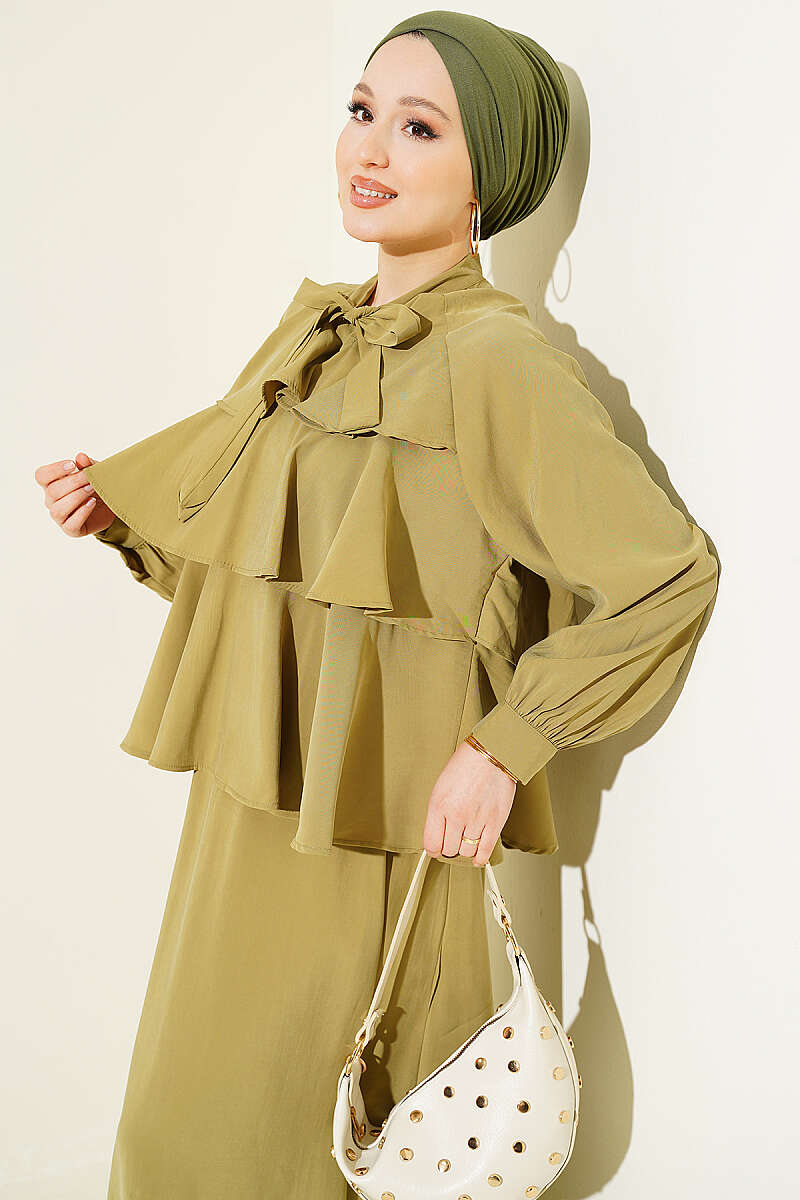 Tiered Modal Skirt Set with Tie Collar - Almond Green