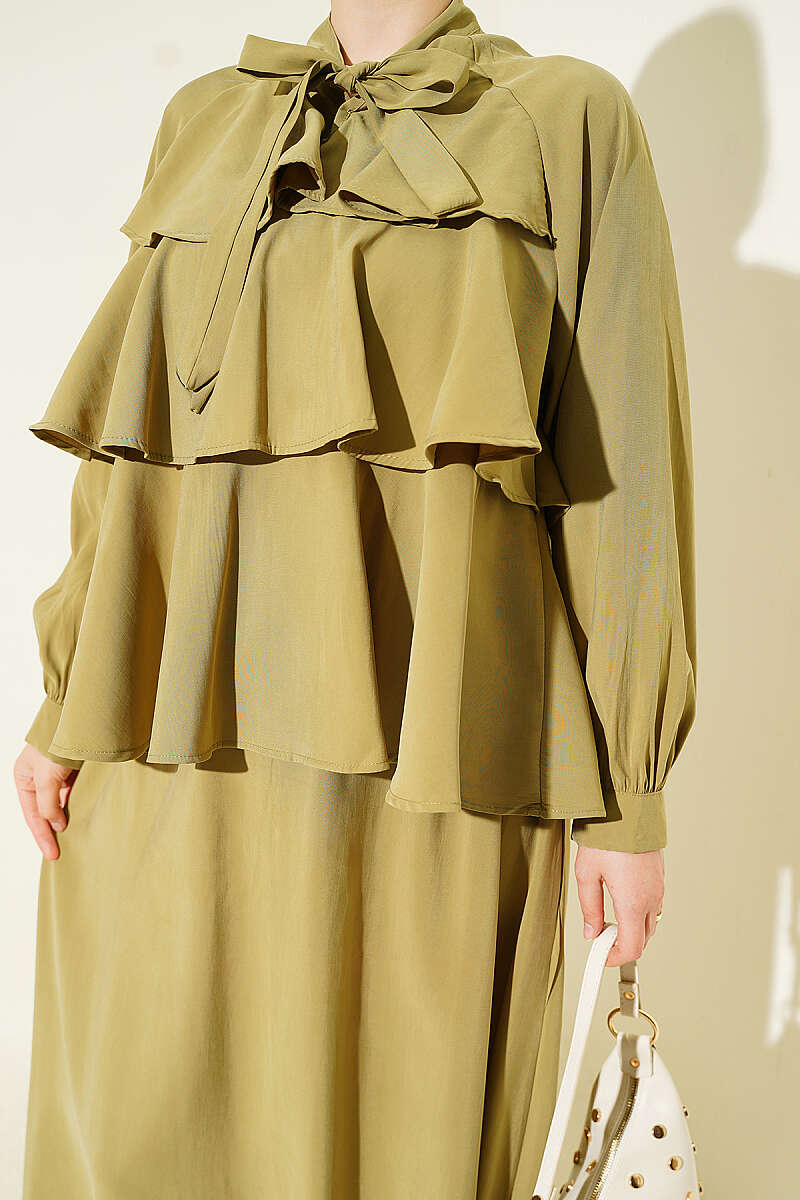 Tiered Modal Skirt Set with Tie Collar - Almond Green