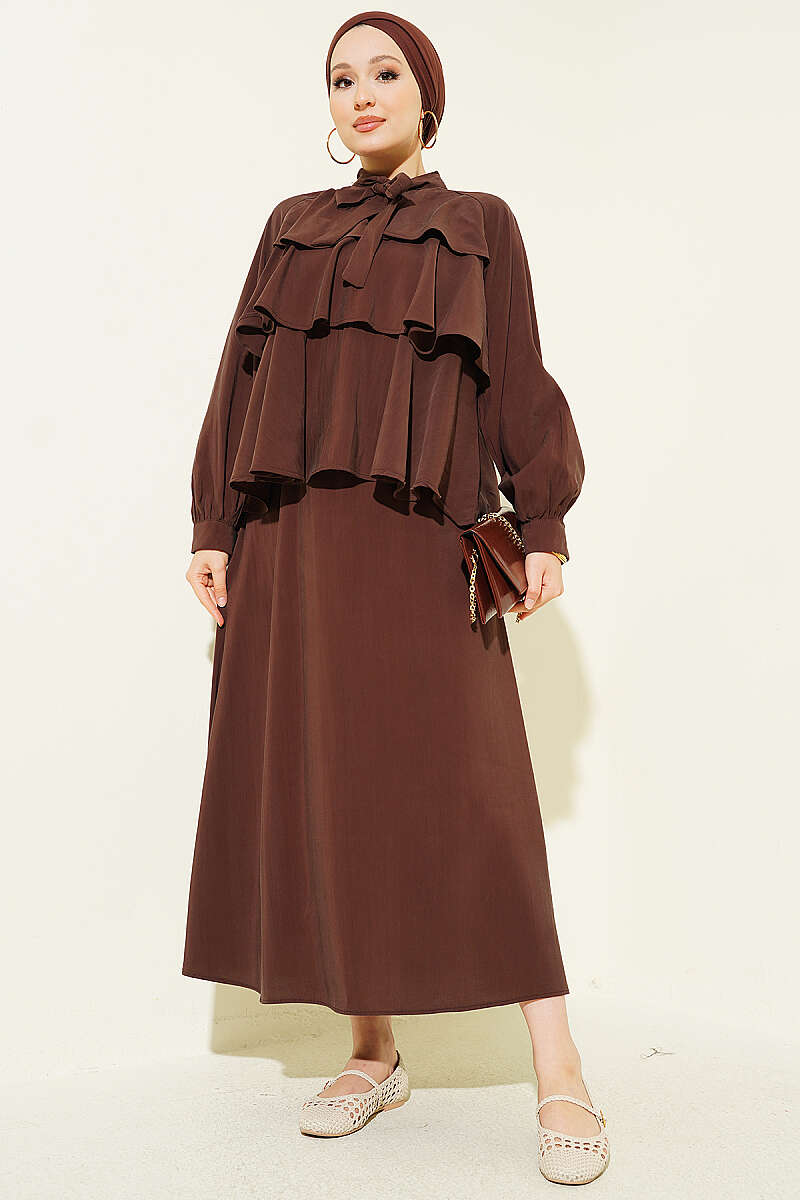 Tiered Modal Skirt Set with Tie Collar - Brown