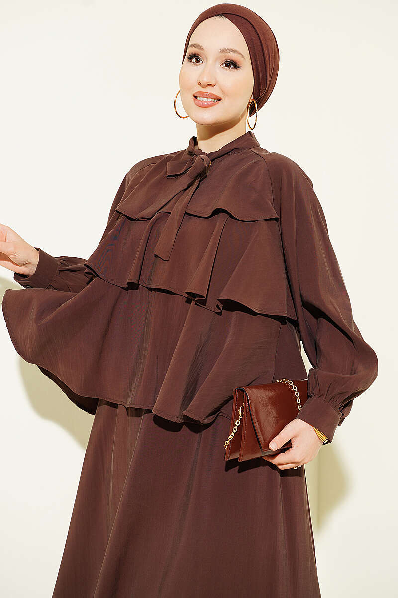Tiered Modal Skirt Set with Tie Collar - Brown