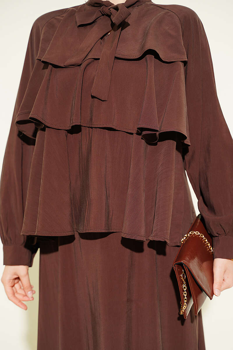 Tiered Modal Skirt Set with Tie Collar - Brown