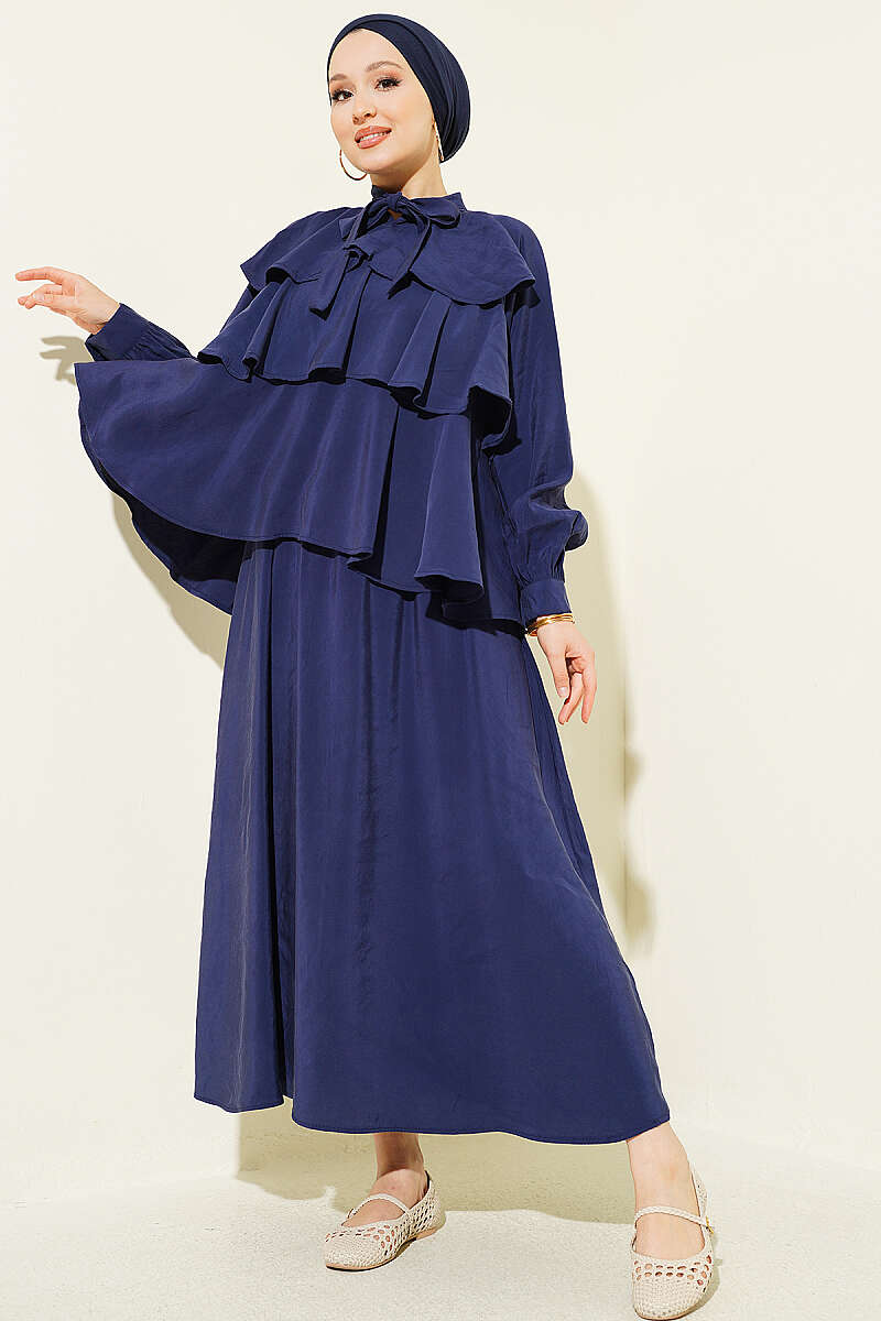 Tiered Modal Skirt Set with Tie Collar - Navy