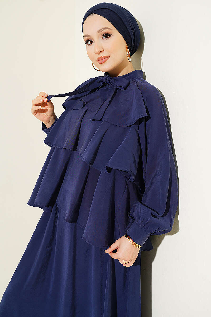 Tiered Modal Skirt Set with Tie Collar - Navy