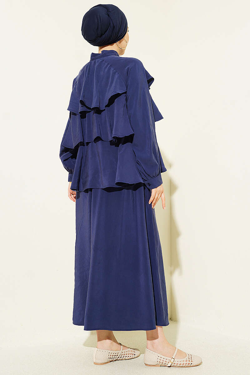 Tiered Modal Skirt Set with Tie Collar - Navy