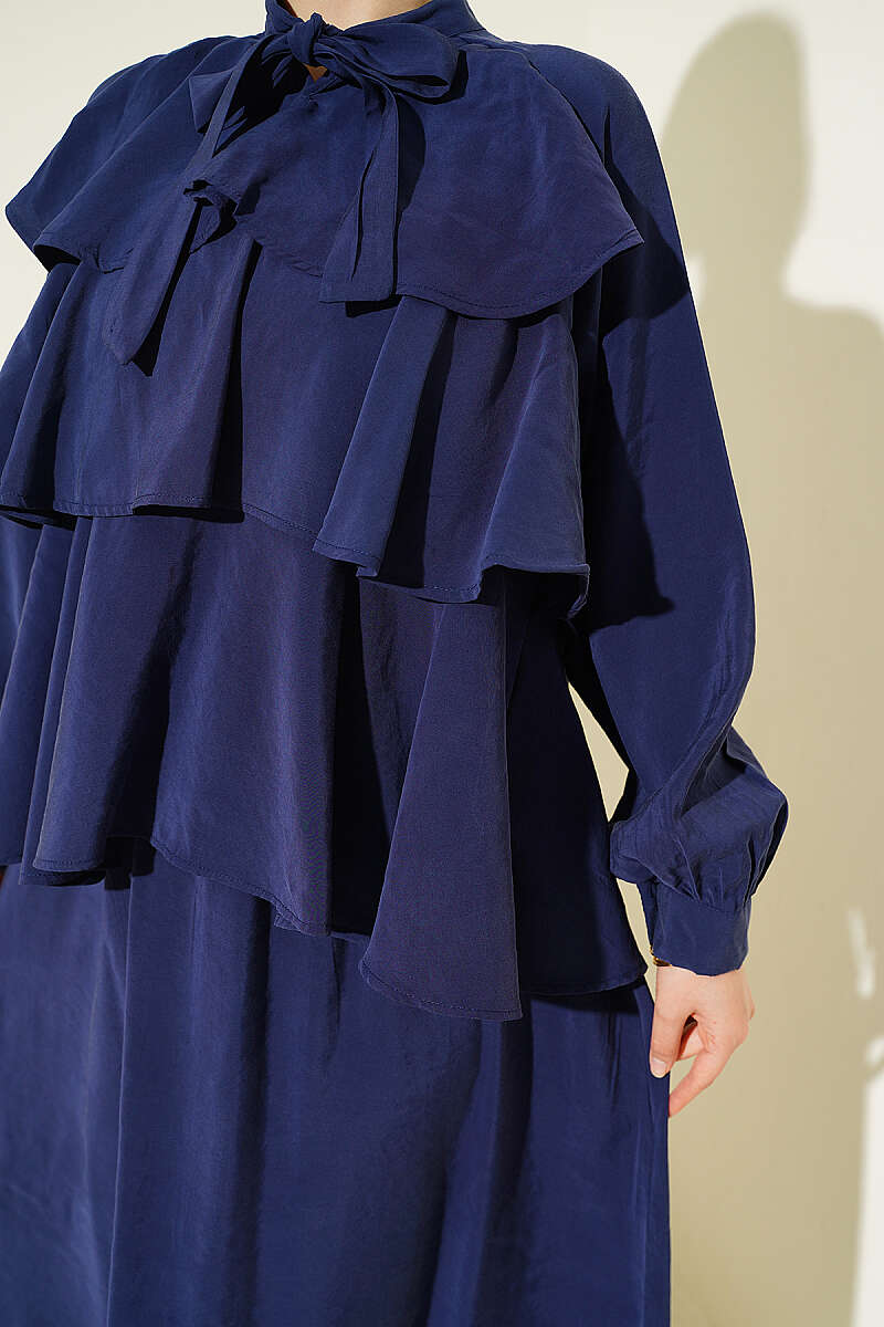 Tiered Modal Skirt Set with Tie Collar - Navy