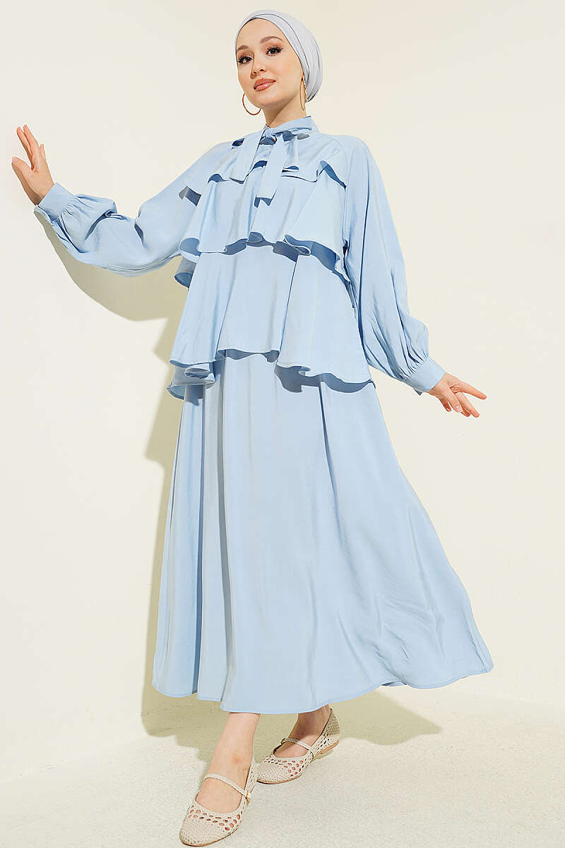 Tiered Modal Skirt Set with Tie Collar - Blue