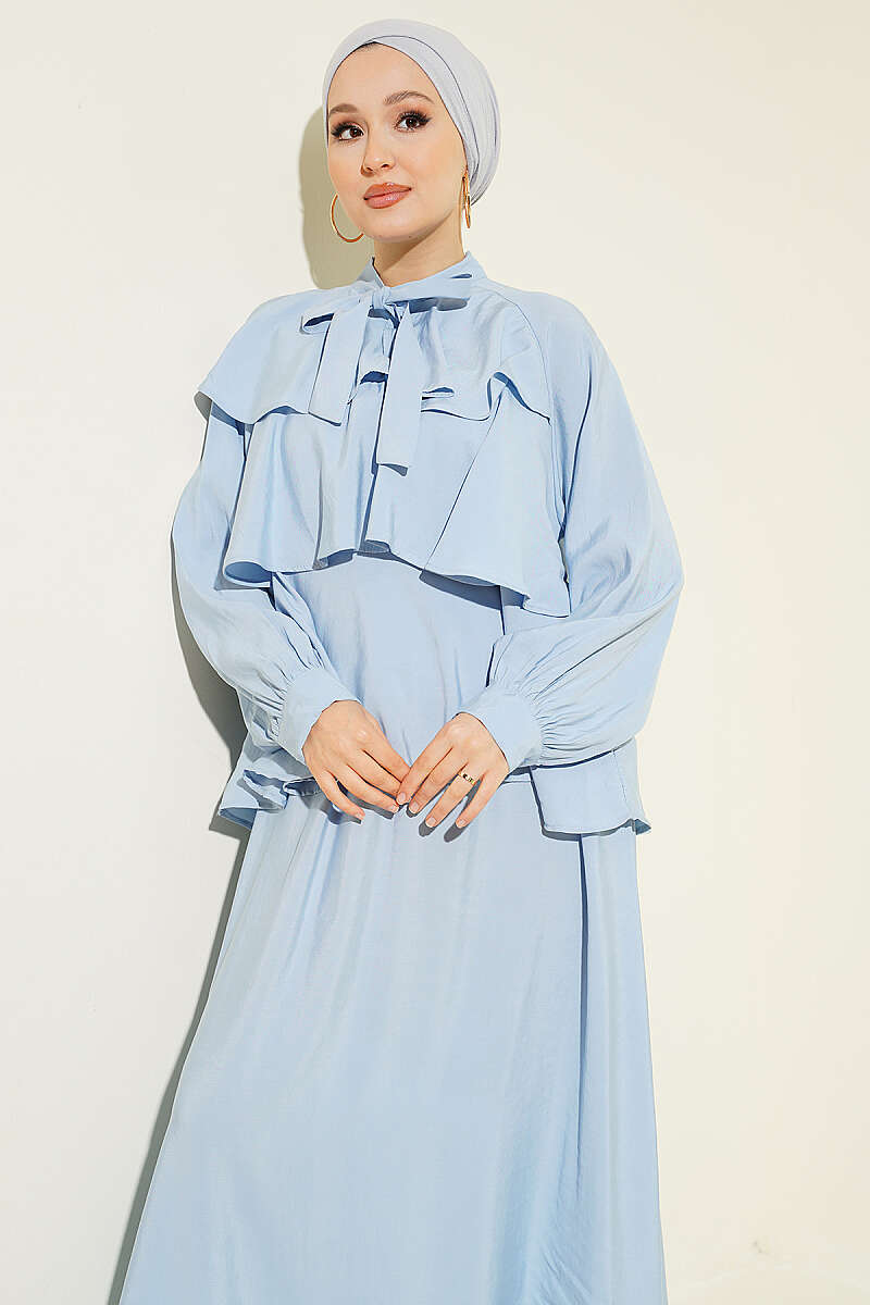 Tiered Modal Skirt Set with Tie Collar - Blue