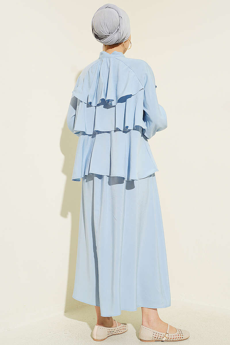 Tiered Modal Skirt Set with Tie Collar - Blue