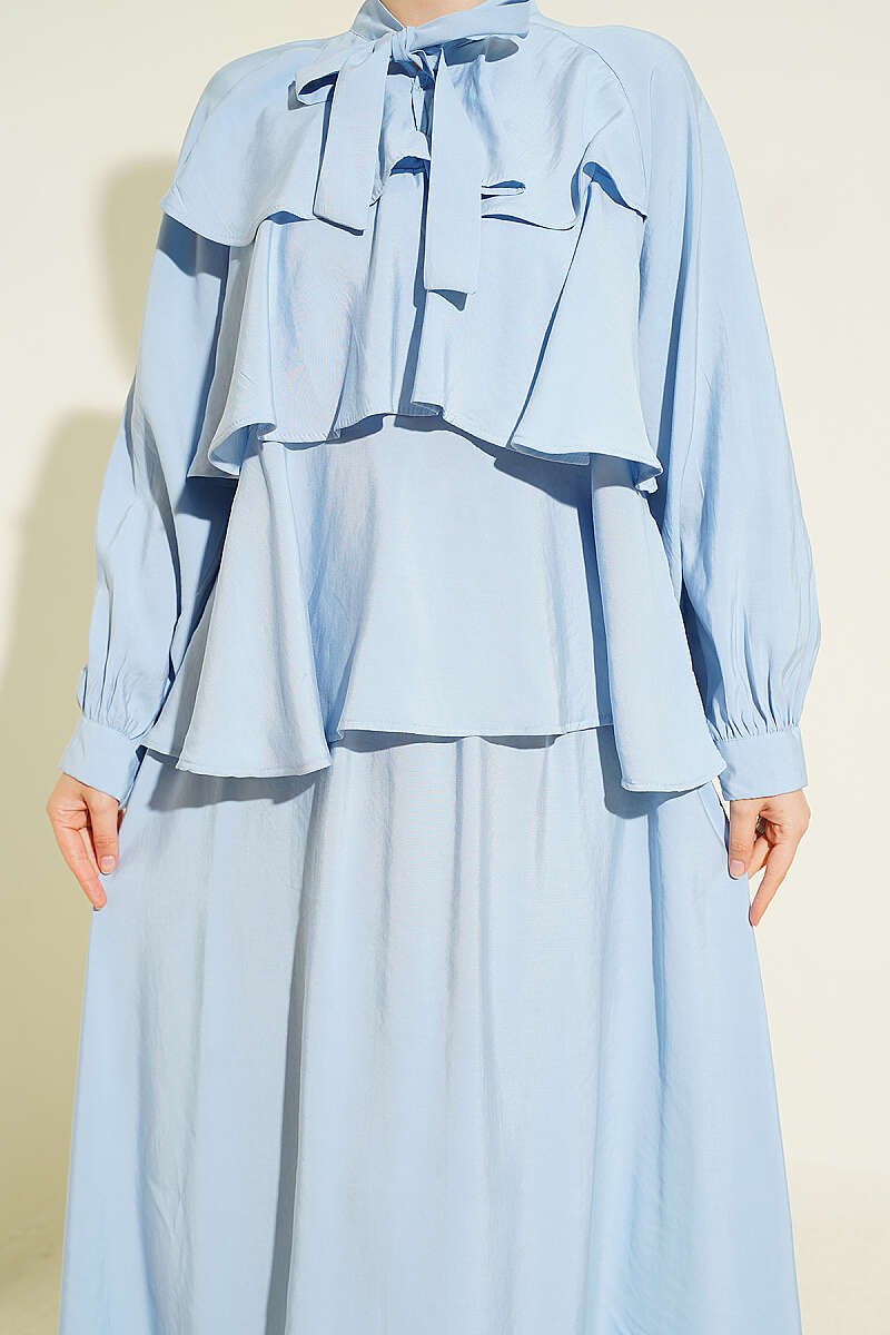 Tiered Modal Skirt Set with Tie Collar - Blue