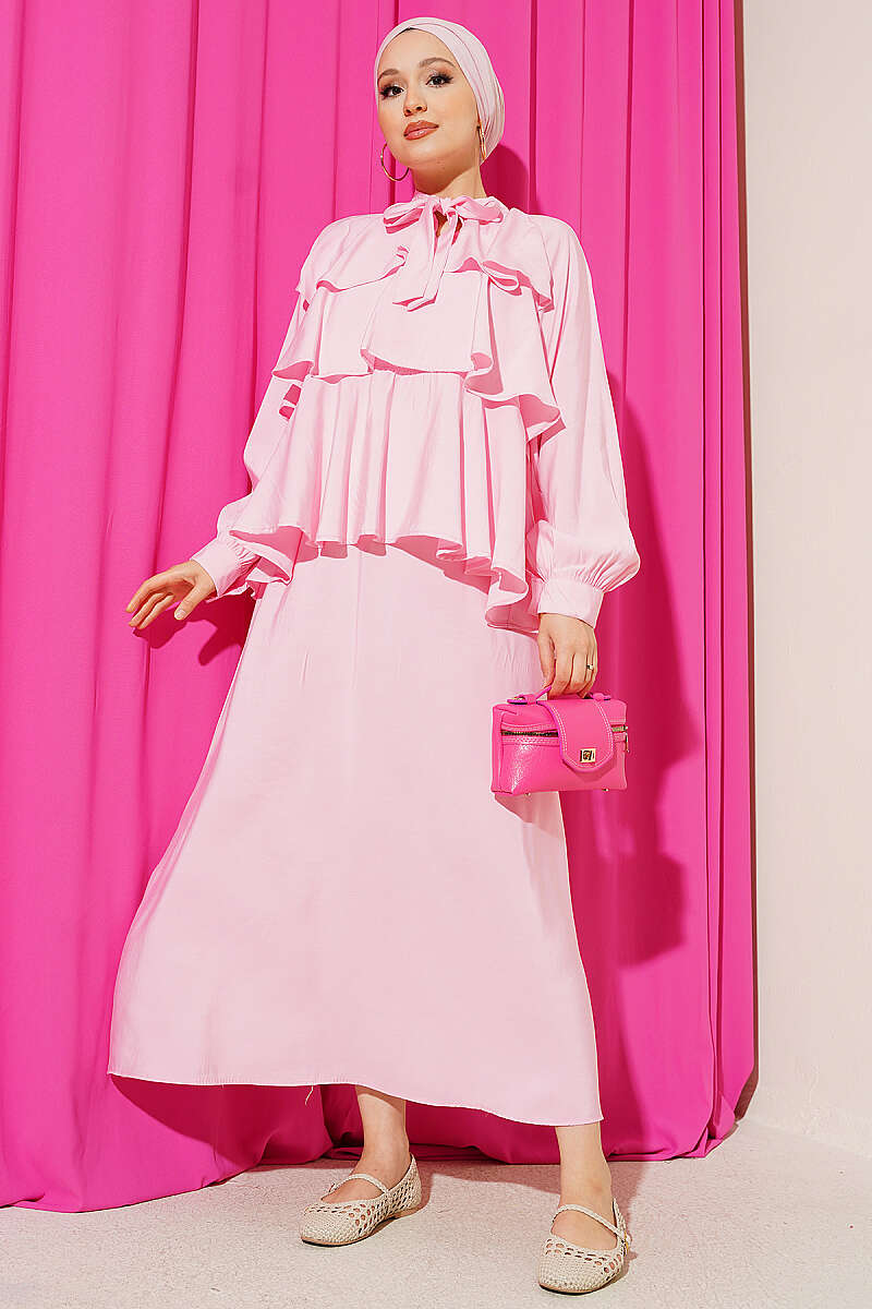 Tiered Modal Skirt Set with Tie Collar - Pink