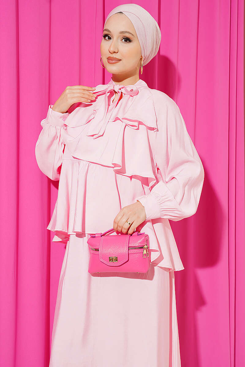 Tiered Modal Skirt Set with Tie Collar - Pink
