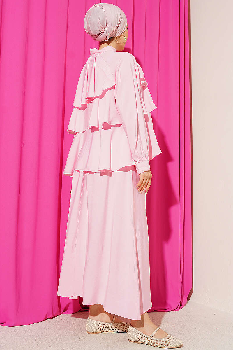 Tiered Modal Skirt Set with Tie Collar - Pink