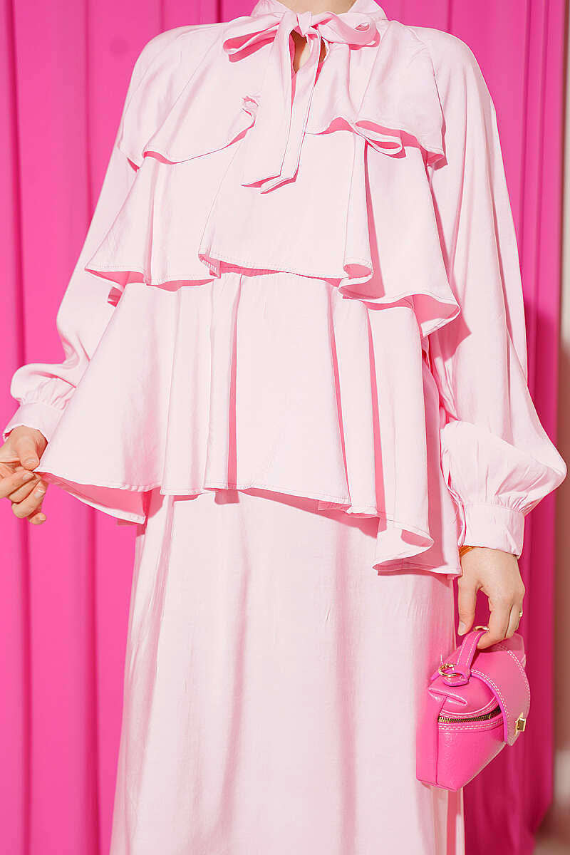 Tiered Modal Skirt Set with Tie Collar - Pink