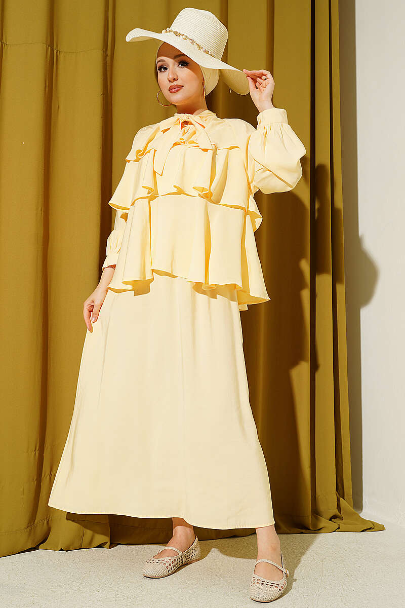 Tiered Modal Skirt Set with Tie Collar - Yellow