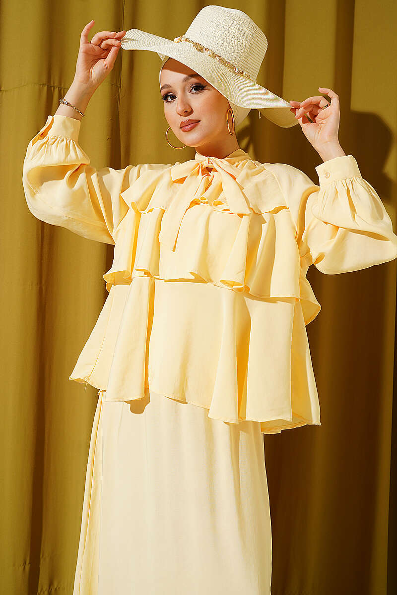 Tiered Modal Skirt Set with Tie Collar - Yellow