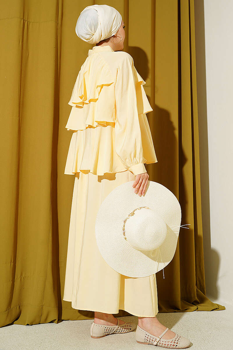 Tiered Modal Skirt Set with Tie Collar - Yellow