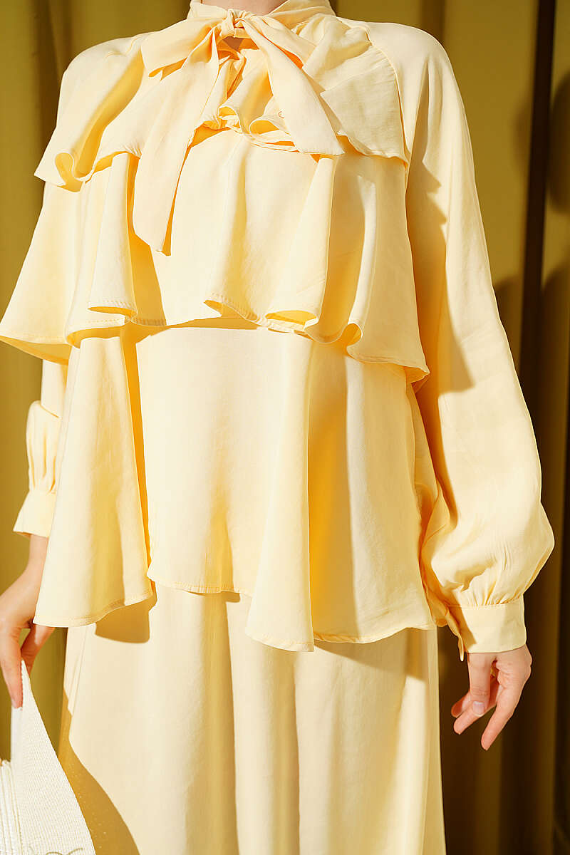 Tiered Modal Skirt Set with Tie Collar - Yellow
