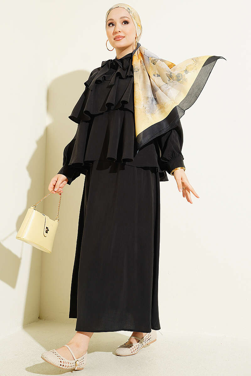Tiered Modal Skirt Set with Tie Collar - Black