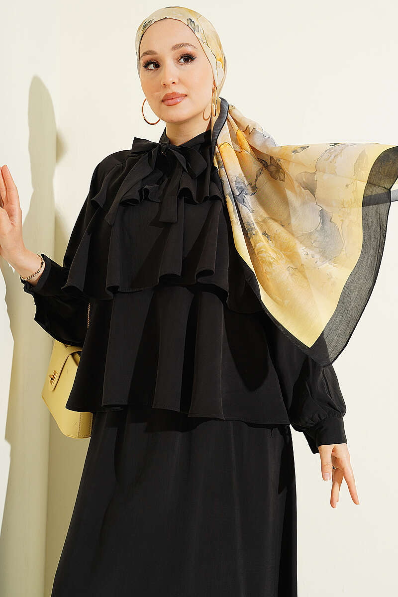 Tiered Modal Skirt Set with Tie Collar - Black