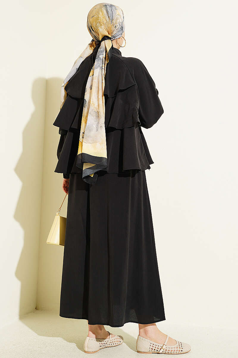 Tiered Modal Skirt Set with Tie Collar - Black