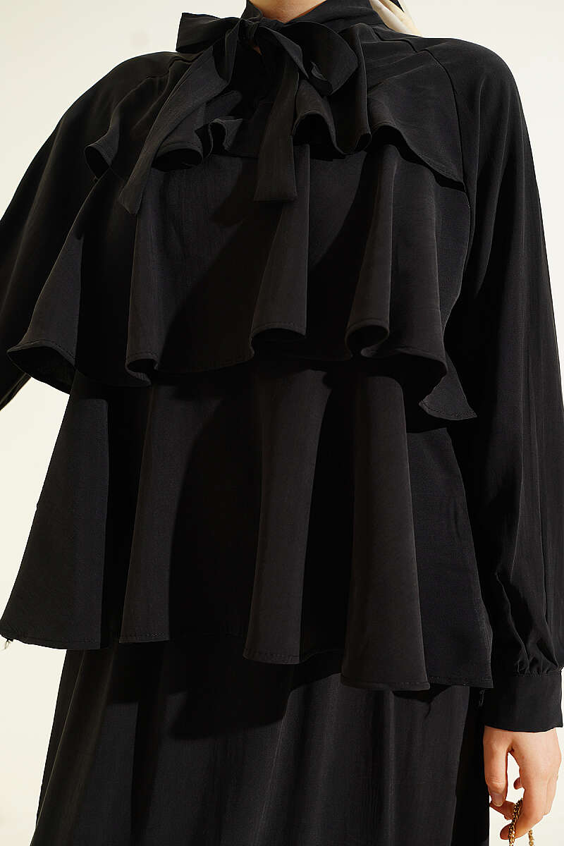 Tiered Modal Skirt Set with Tie Collar - Black