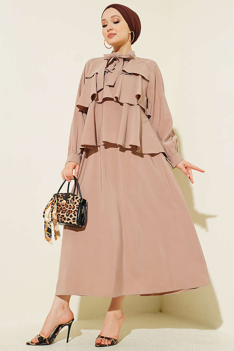 Tiered Modal Skirt Set with Tie Collar - Mink