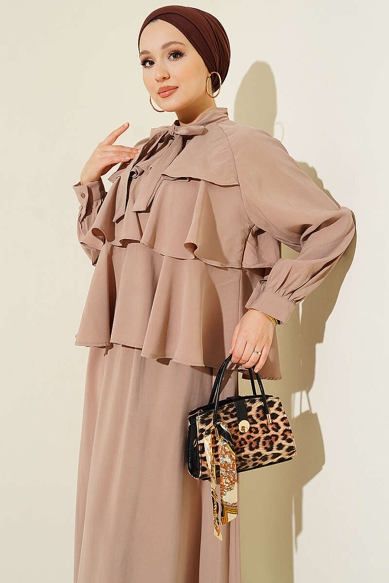 Tiered Modal Skirt Set with Tie Collar - Mink