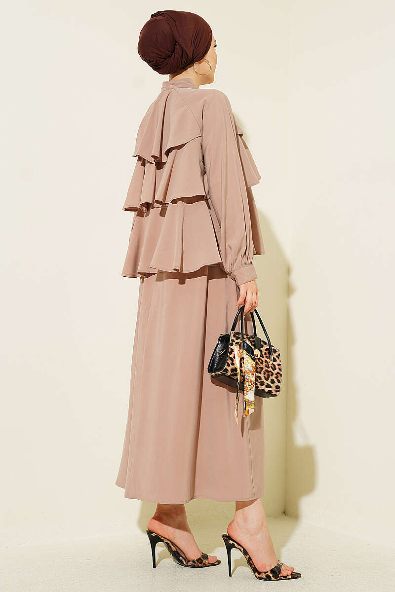 Tiered Modal Skirt Set with Tie Collar - Mink