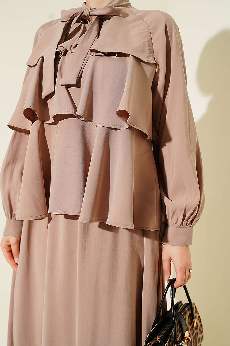 Tiered Modal Skirt Set with Tie Collar - Mink