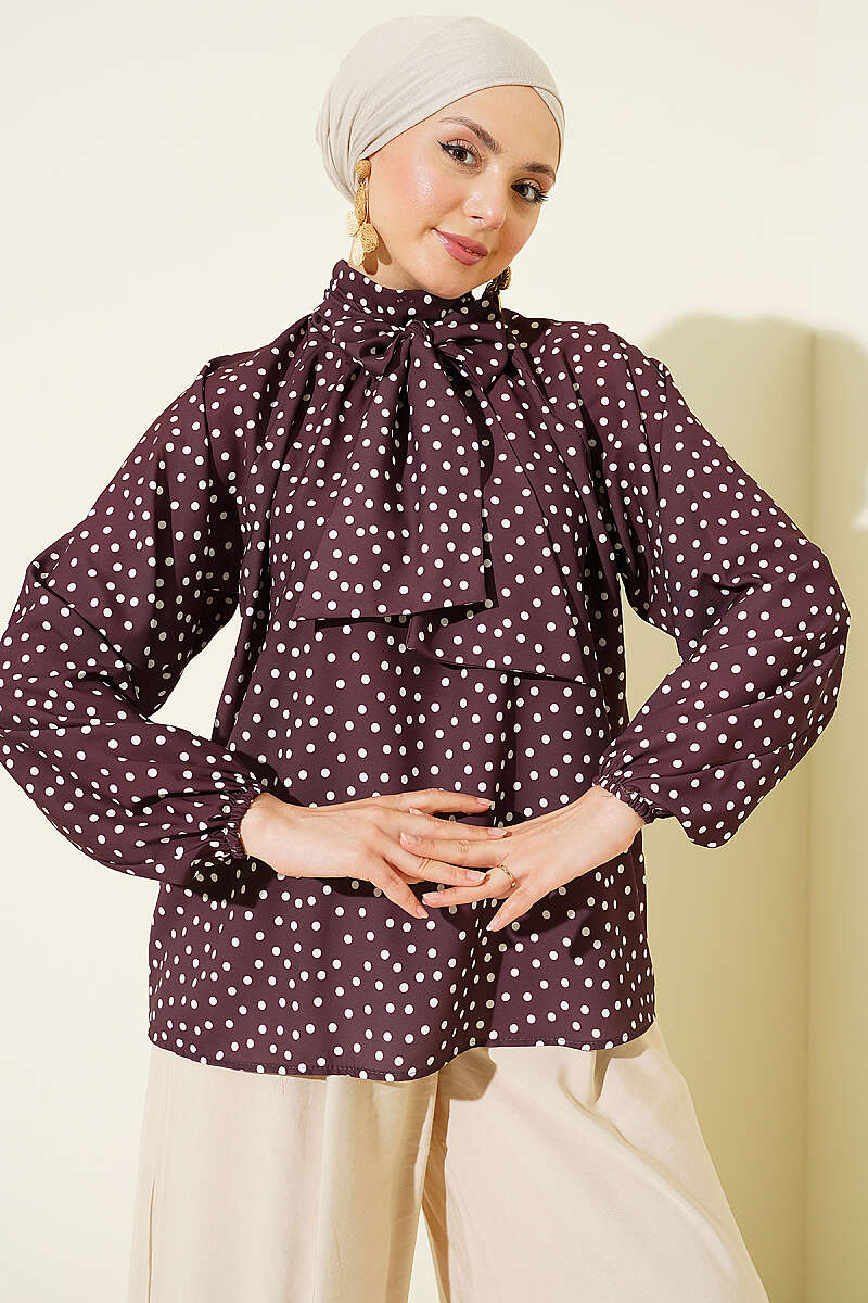 Polka Dot Tie-Collar Tunic - Brown